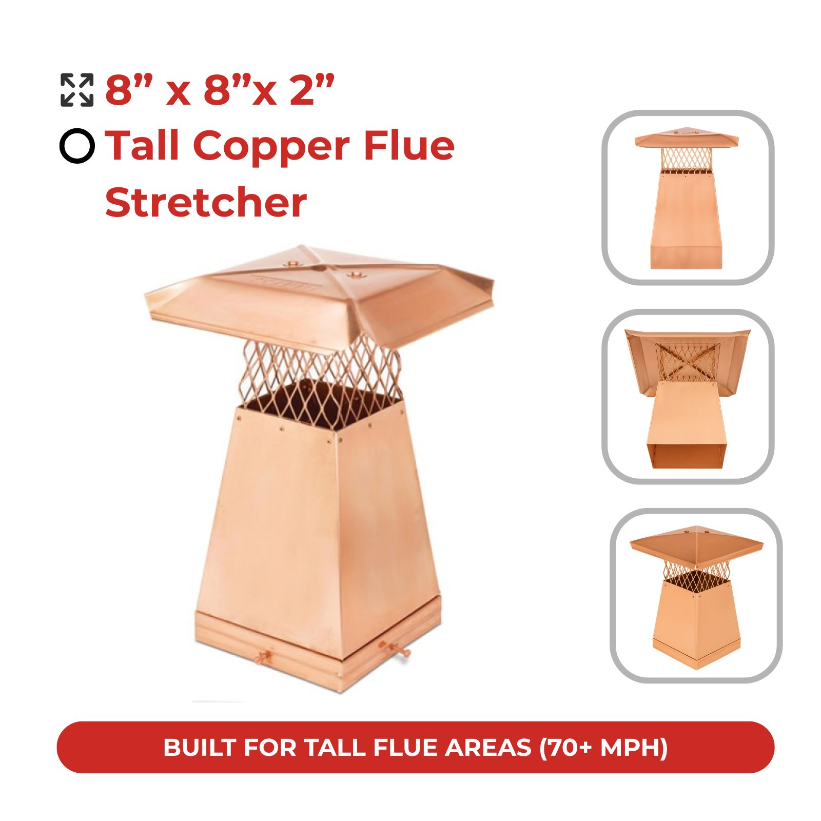 8" x 8" x 2" Tall Copper Flue Stretcher – durable copper chimney flue cap with extended height for better airflow.