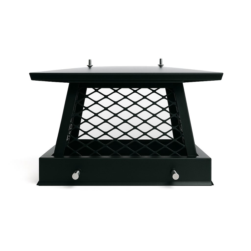 Black 15x15 chimney cap made of durable steel, protecting chimney from rain, snow, debris, and animals