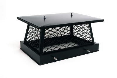Black 13x17 chimney cap made of heavy-duty steel, designed to protect chimney from rain, animals, and debris