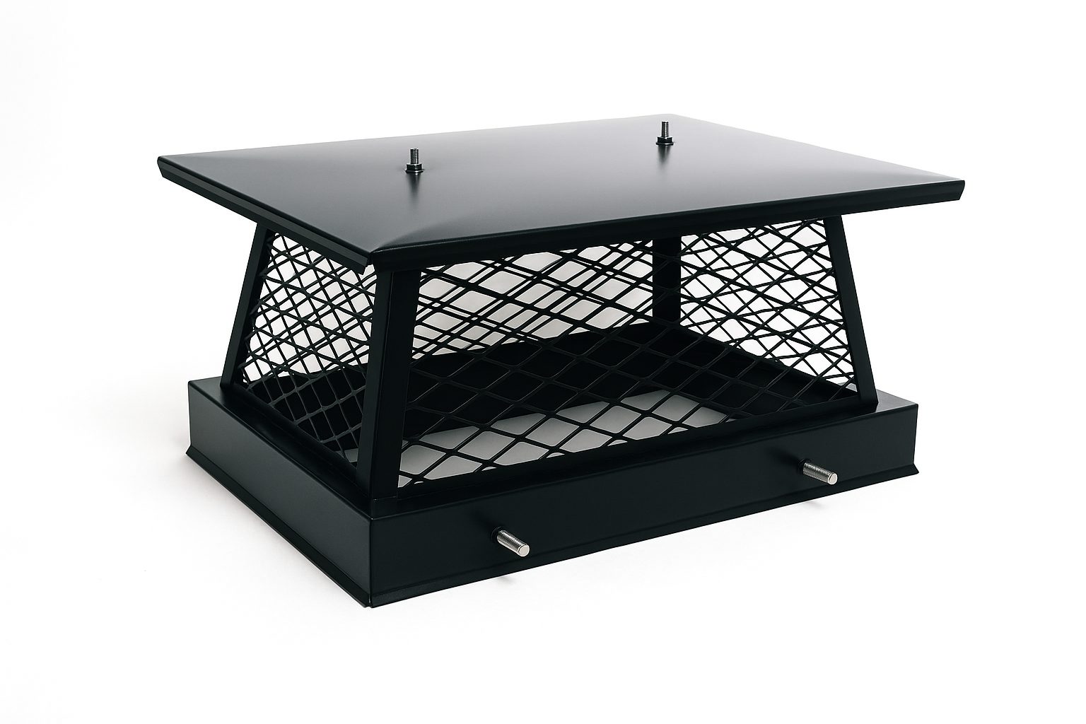 Black 13x17 chimney cap made of heavy-duty steel, designed to protect chimney from rain, animals, and debris