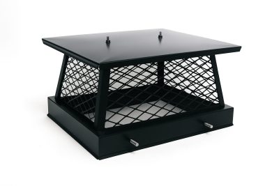 Black 18x18 chimney cap made of heavy-duty steel, offering protection against rain, snow, debris, and animals