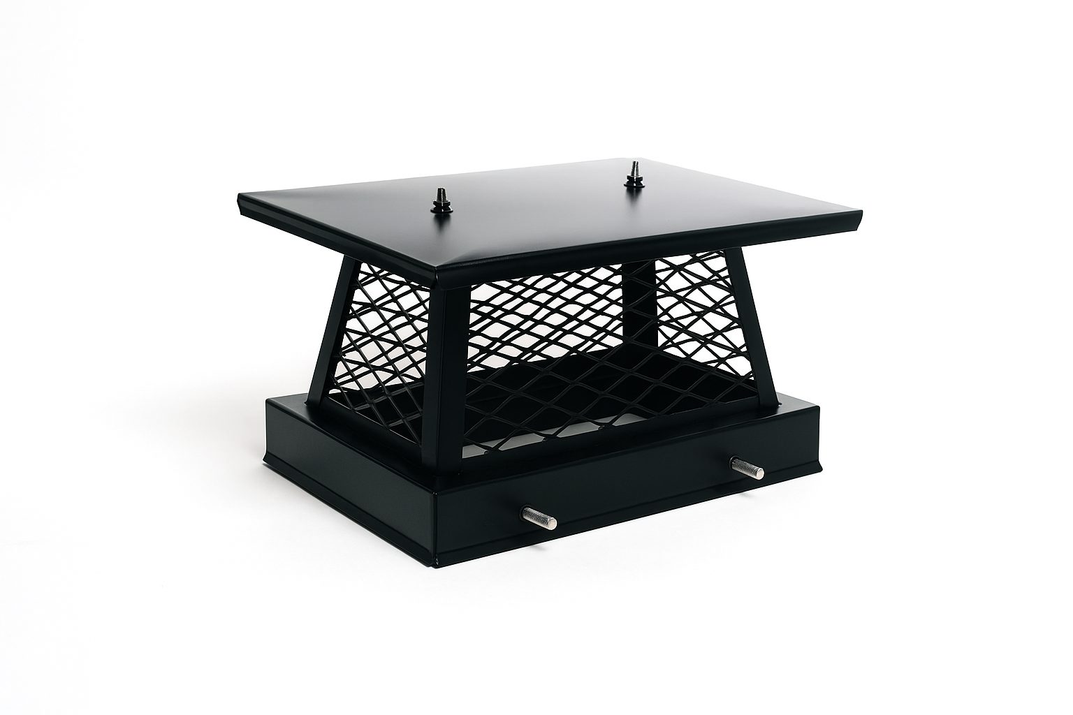 Black 9x13 chimney cap made of durable steel, providing protection against rain, debris, and unwanted animals