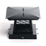 Close-up of a black powder-coated chimney cap with mesh sides, providing protection against rain, wind, and debris.