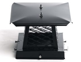Close-up of a black powder-coated chimney cap with mesh sides, providing protection against rain, wind, and debris.