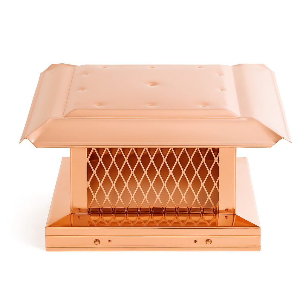 13x13 copper chimney cap with elegant and durable construction, designed to protect chimney from rain, snow, debris, and animals