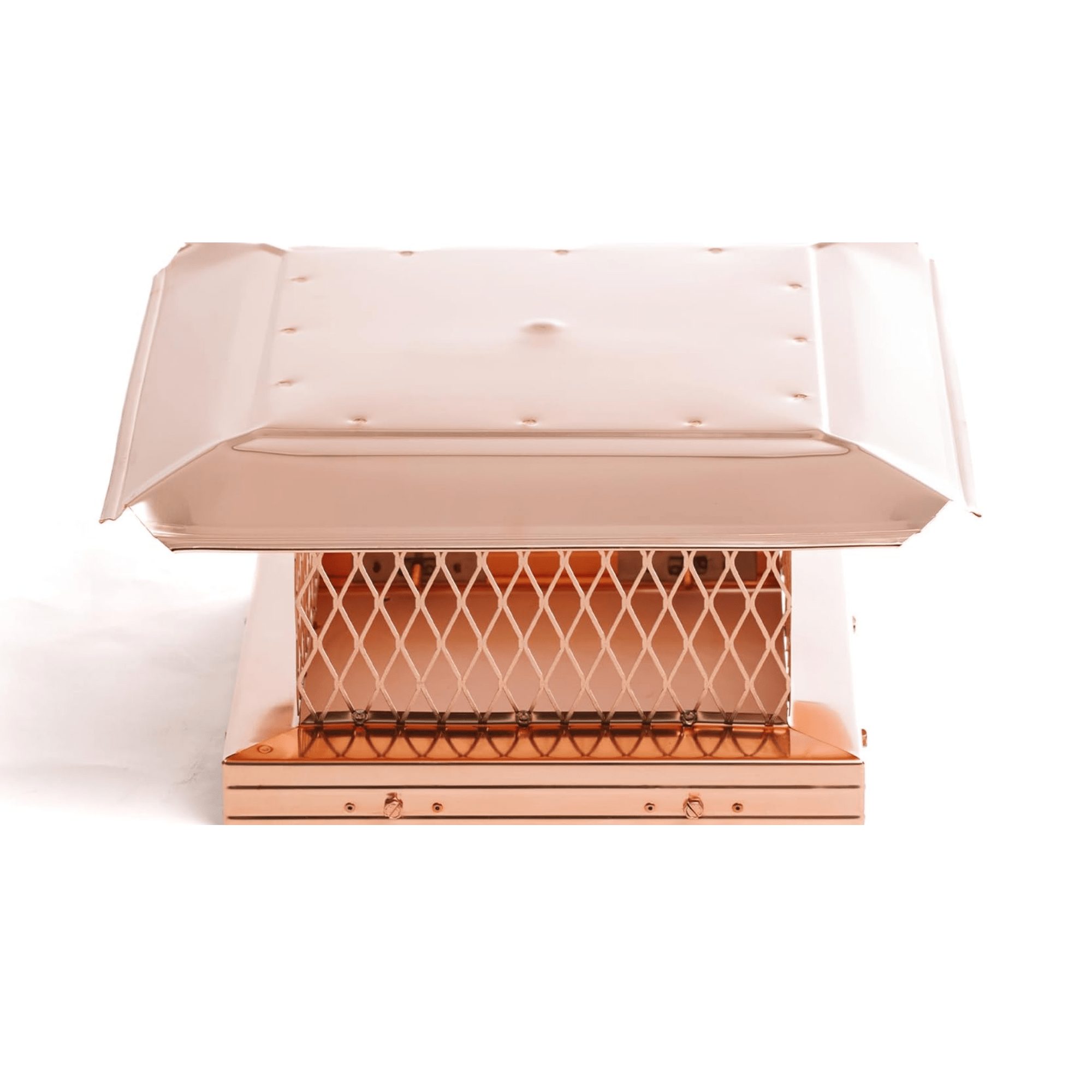 Close-up of a polished copper chimney cap with mesh sides, providing rain and wind protection while adding a luxurious finish.