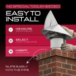 Chimcare wind directional chimney cap on brick rooftop with easy installation graphic.