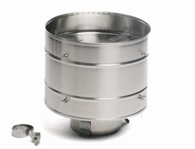Close-up of the stainless-steel high wind air cooled chimney cap with mounting hardware.