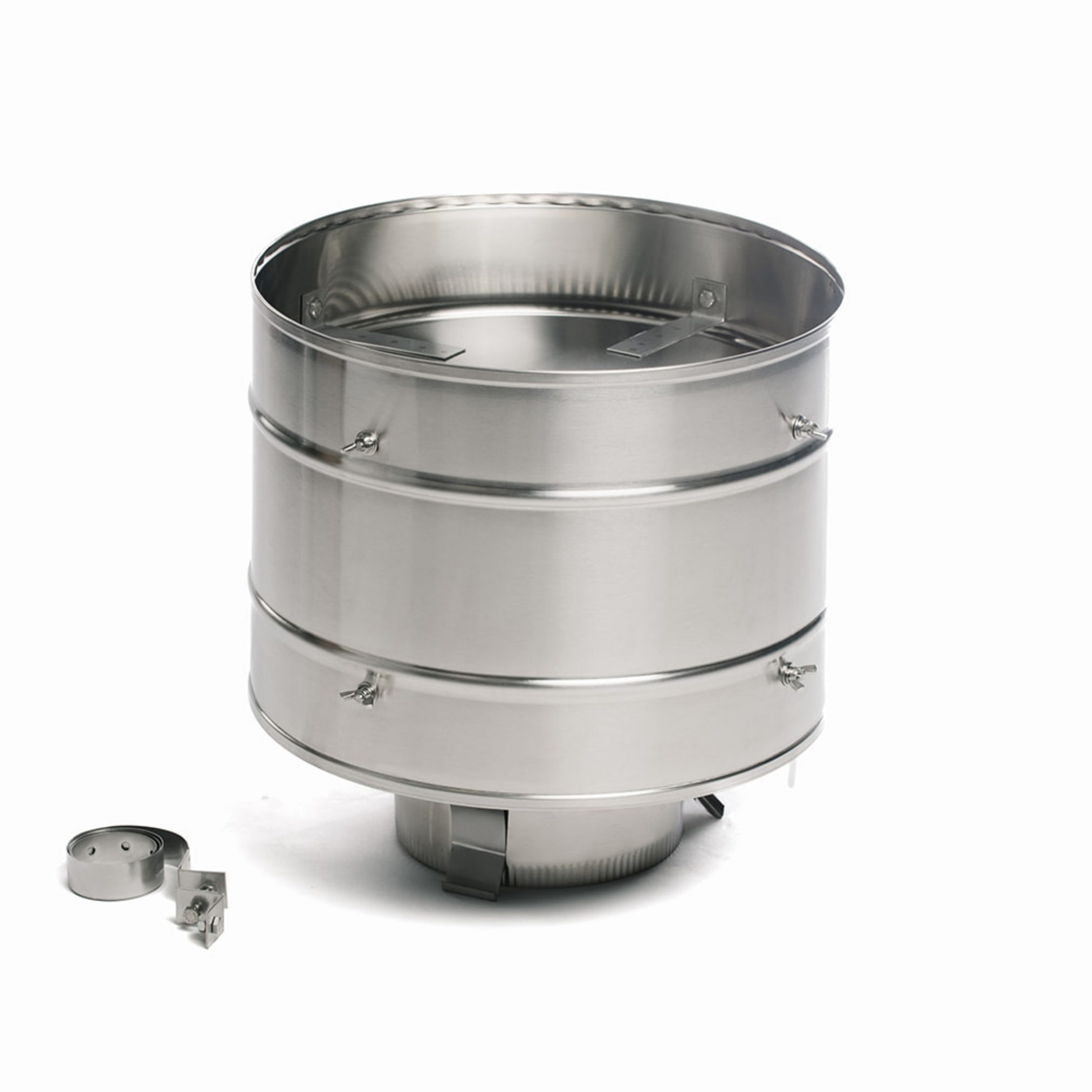 Close-up of the stainless-steel high wind air cooled chimney cap with mounting hardware.