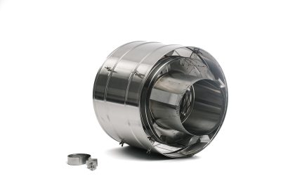 Sleek non-air-cooled stainless chimney cap for high-wind areas prevents smoke blowback, moisture, and nesting birds or debris.