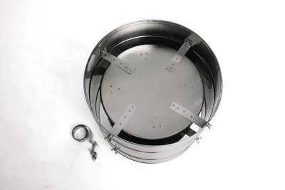 Polished stainless non-air-cooled high wind chimney cap keeps flue dry, blocks backdrafts, and ensures safe fireplace operation.