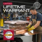 Craftsman inspecting a copper chimney cap in a workshop, symbolizing lifetime warranty and handcrafted durability.