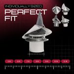 Individually sized stainless steel chimney caps shown in multiple dimensions including 5 inch, 6 inch, 7 inch, 8 inch, 9 inch, 10 inch, and 12 inch for a perfect fit.