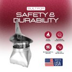 Stainless steel chimney cap with USA flag and safety certifications for durability.