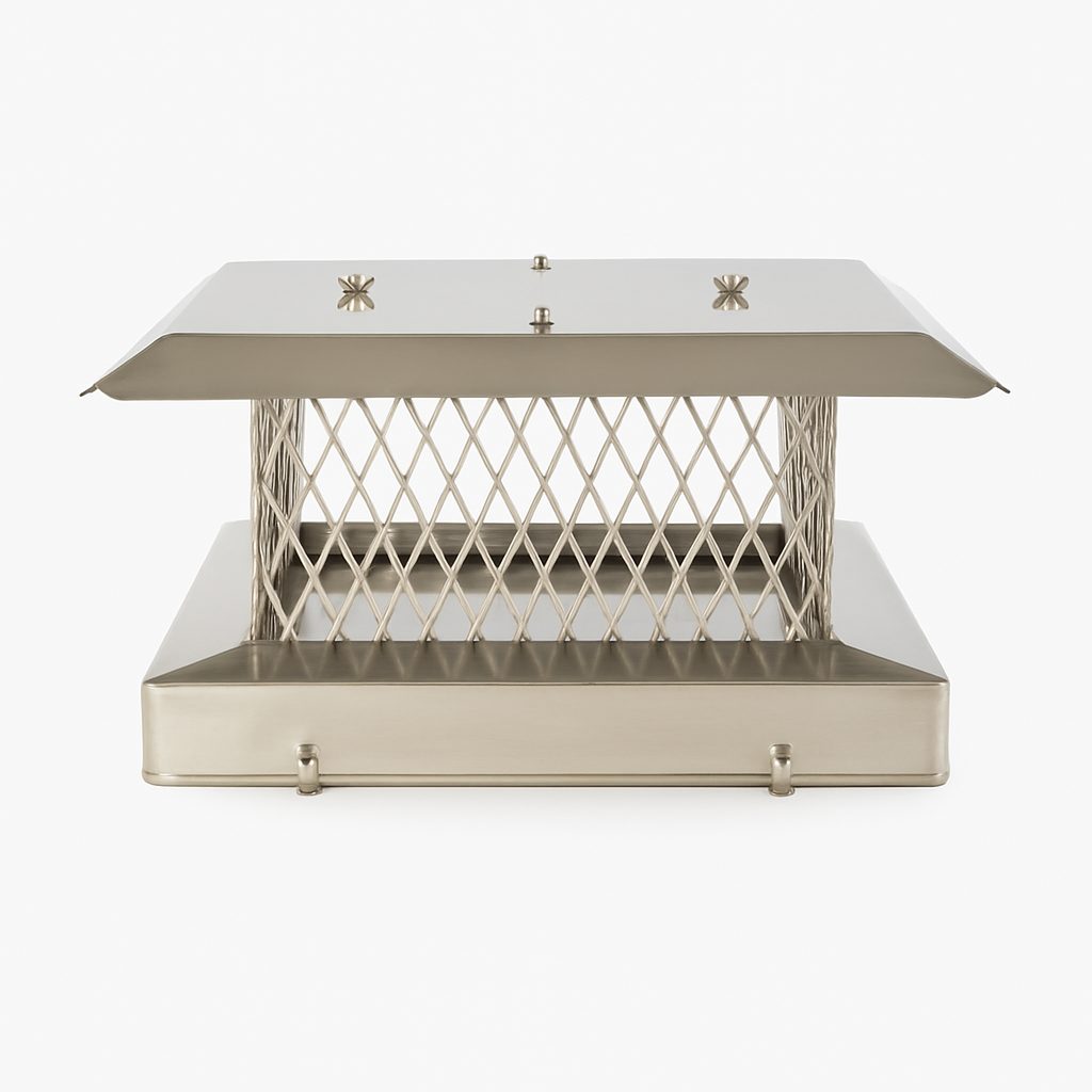 12x12 stainless steel chimney cap with heavy-duty, rust-resistant design to protect chimney from rain, snow, debris, and animals