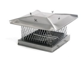 Closeup of a stainless-steel fireplace flue damper cap with protective mesh design.