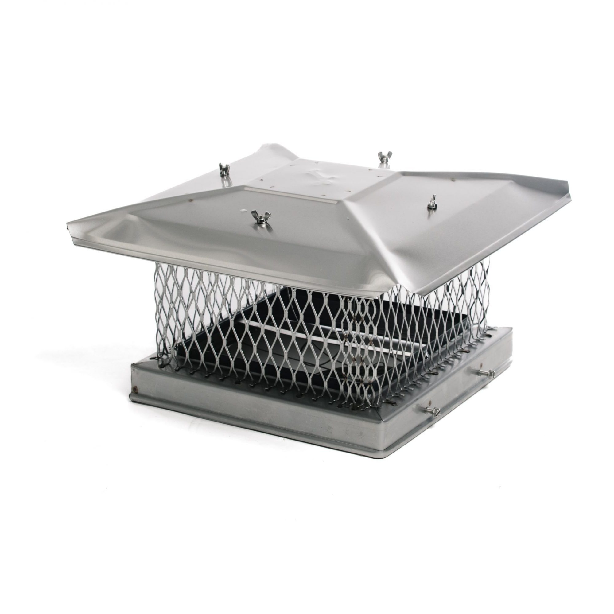 Closeup of a stainless-steel fireplace flue damper cap with protective mesh design.