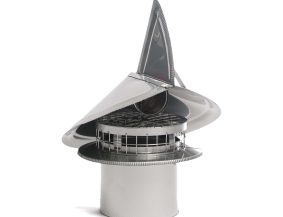 Close-up side view of stainless steel wind directional chimney cap.