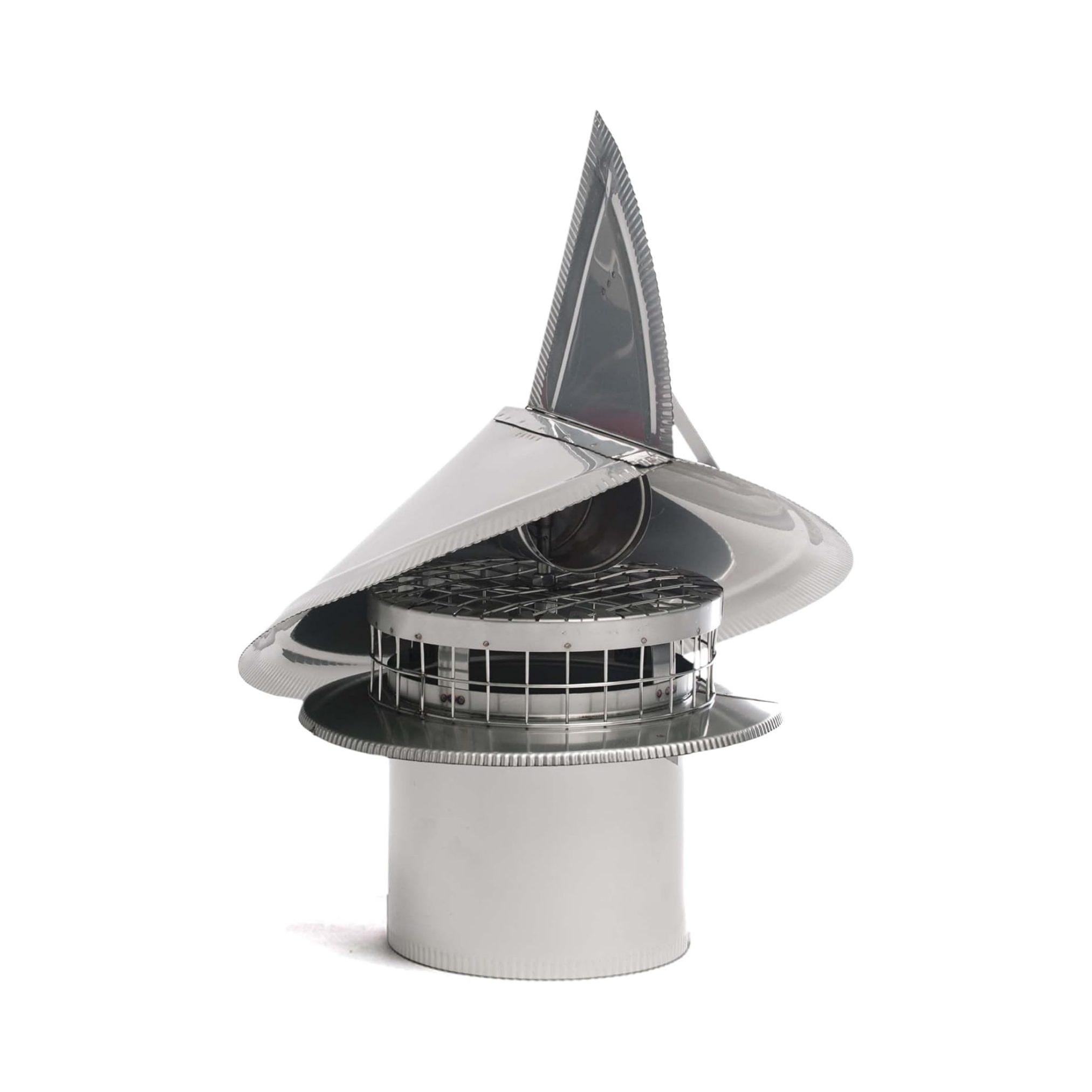 Close-up side view of stainless steel wind directional chimney cap. Close-up side view of stainless steel wind directional chimney cap.