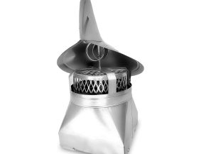 Close-up of stainless steel wind directional chimney cap against white background.