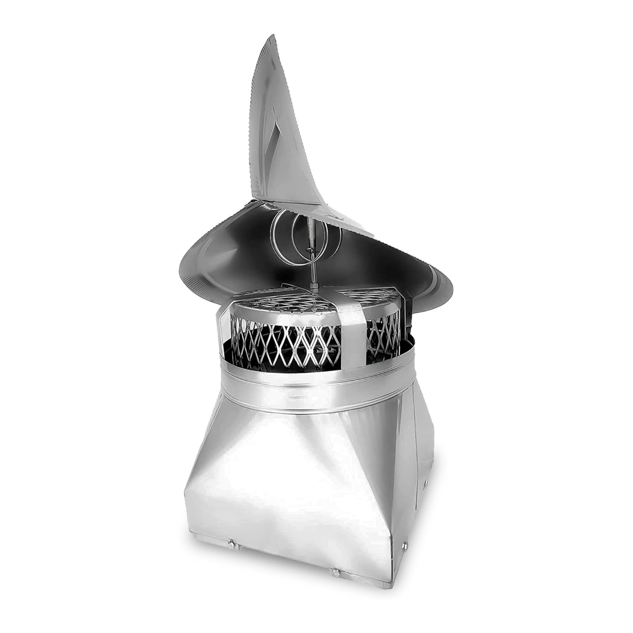 Close-up of stainless steel wind directional chimney cap against white background. Close-up of stainless steel wind directional chimney cap against white background.