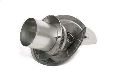 Polished stainless steel non-air-cooled chimney cap with rotating top prevents backflow, increases efficiency, and reduces soot buildup.