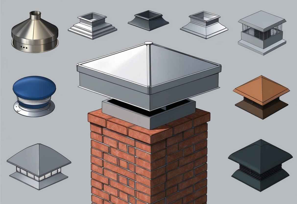 A sturdy stainless steel chimney cap sits atop a brick chimney, surrounded by various other durable material options