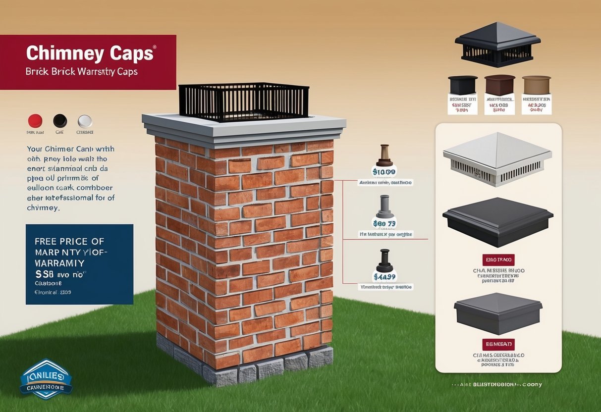 A brick chimney with a variety of chimney caps displayed nearby, along with price and warranty information