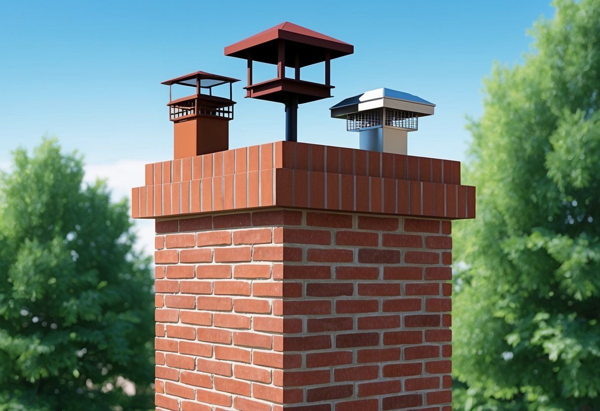 A brick chimney with various enhanced chimney caps and accessories installed on top