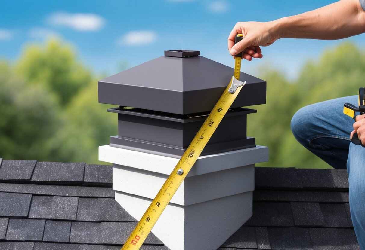 A chimney cap being measured with a tape measure by a professional installer