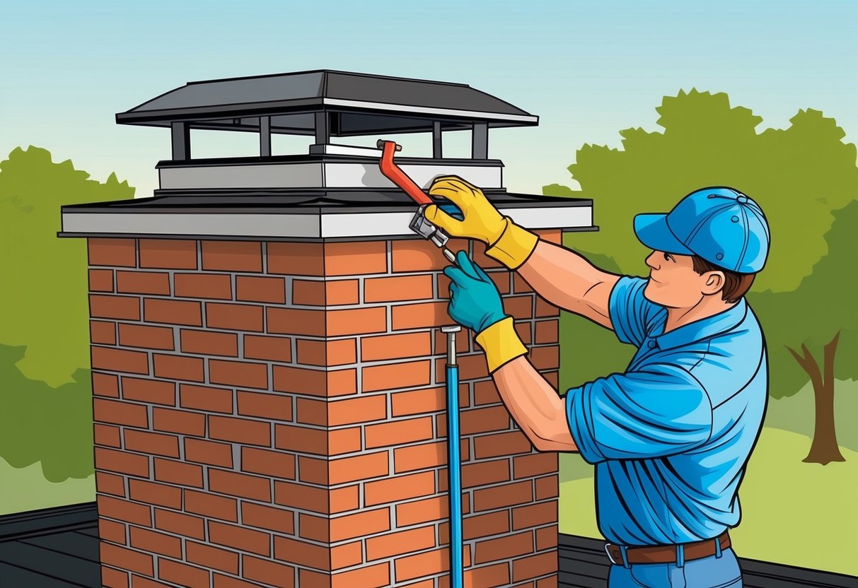 A worker installs chimney caps on top of a brick chimney, using tools and equipment to secure the caps in place