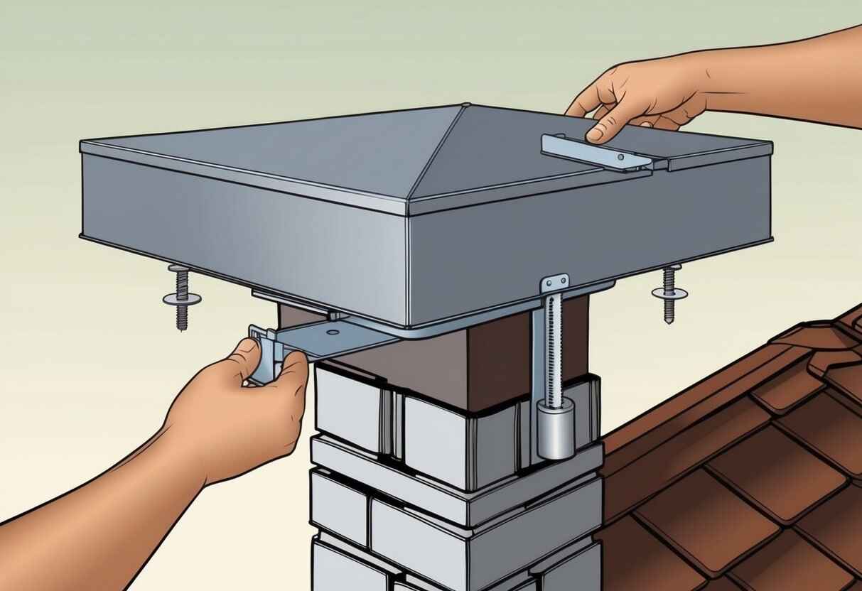 A chimney cap is being attached to the top of a chimney using metal brackets and screws