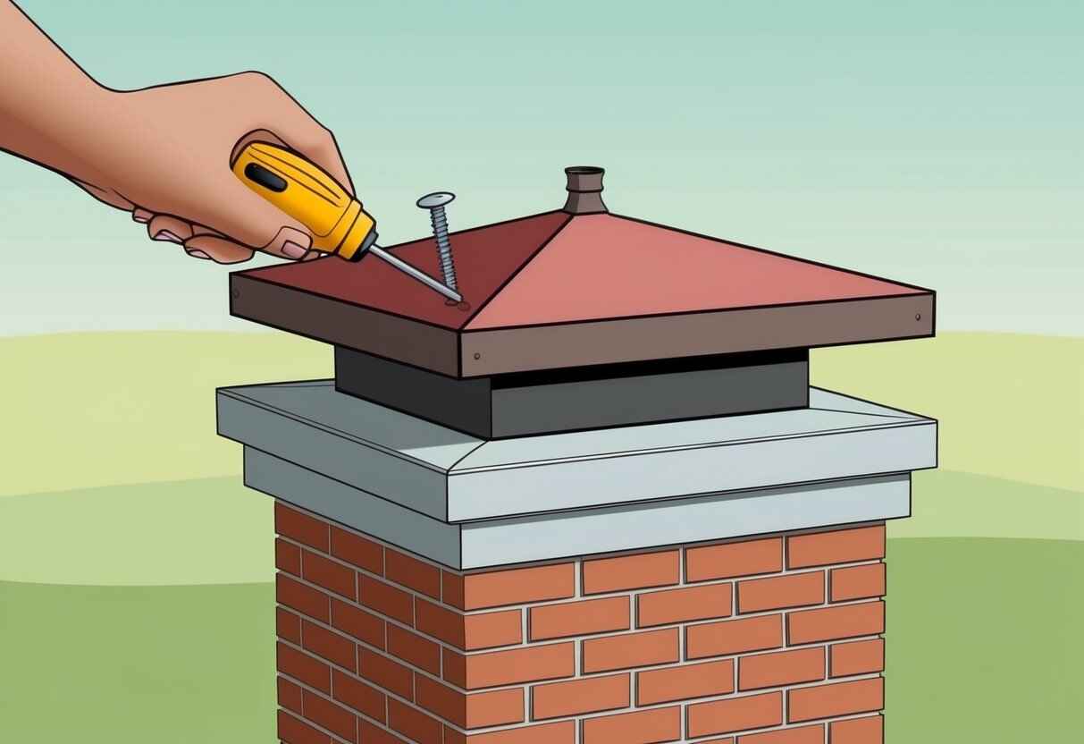 A chimney cap is being secured to the top of a brick chimney using screws and a screwdriver