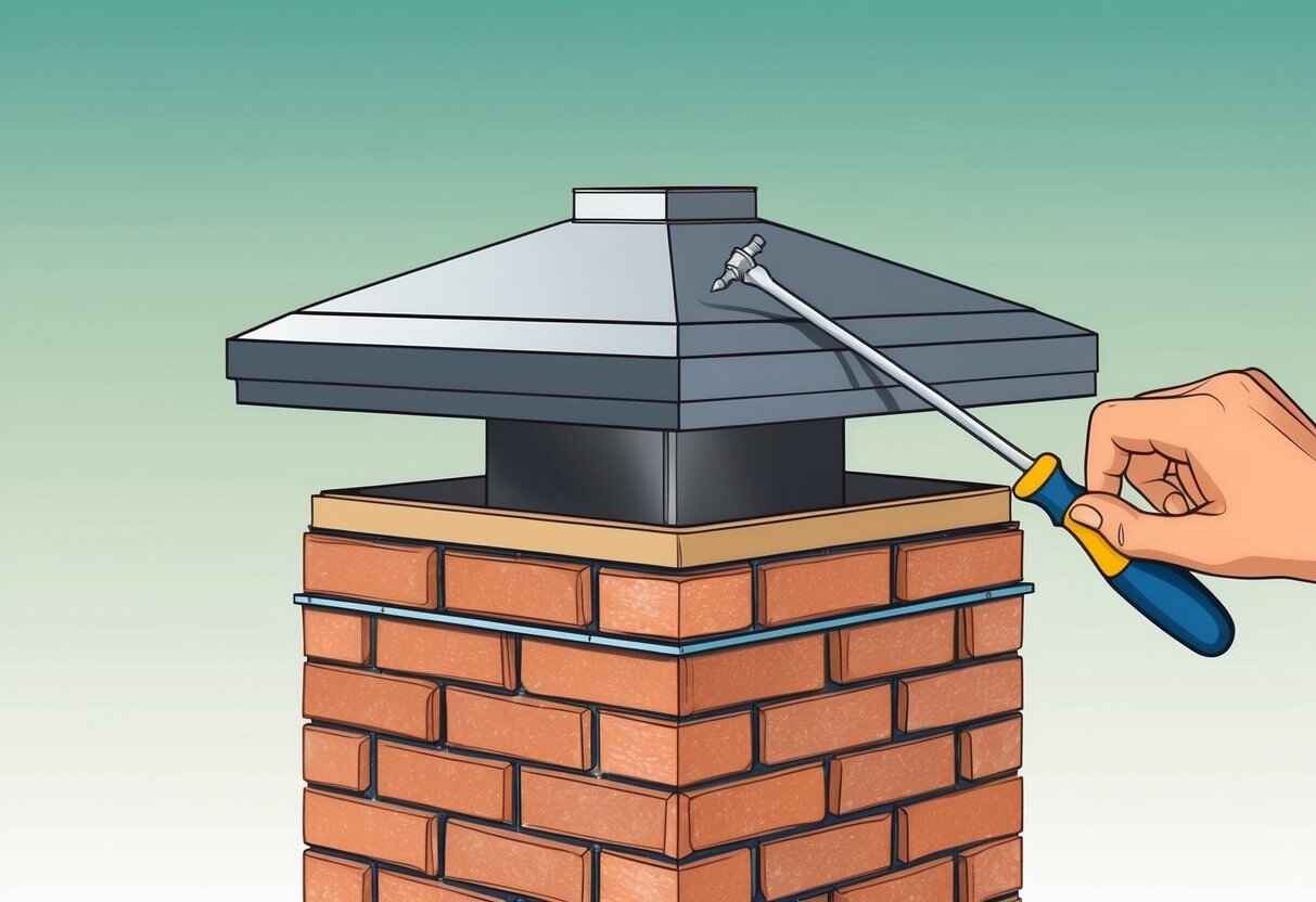 A chimney cap is being secured to the top of a brick chimney with metal screws and a screwdriver