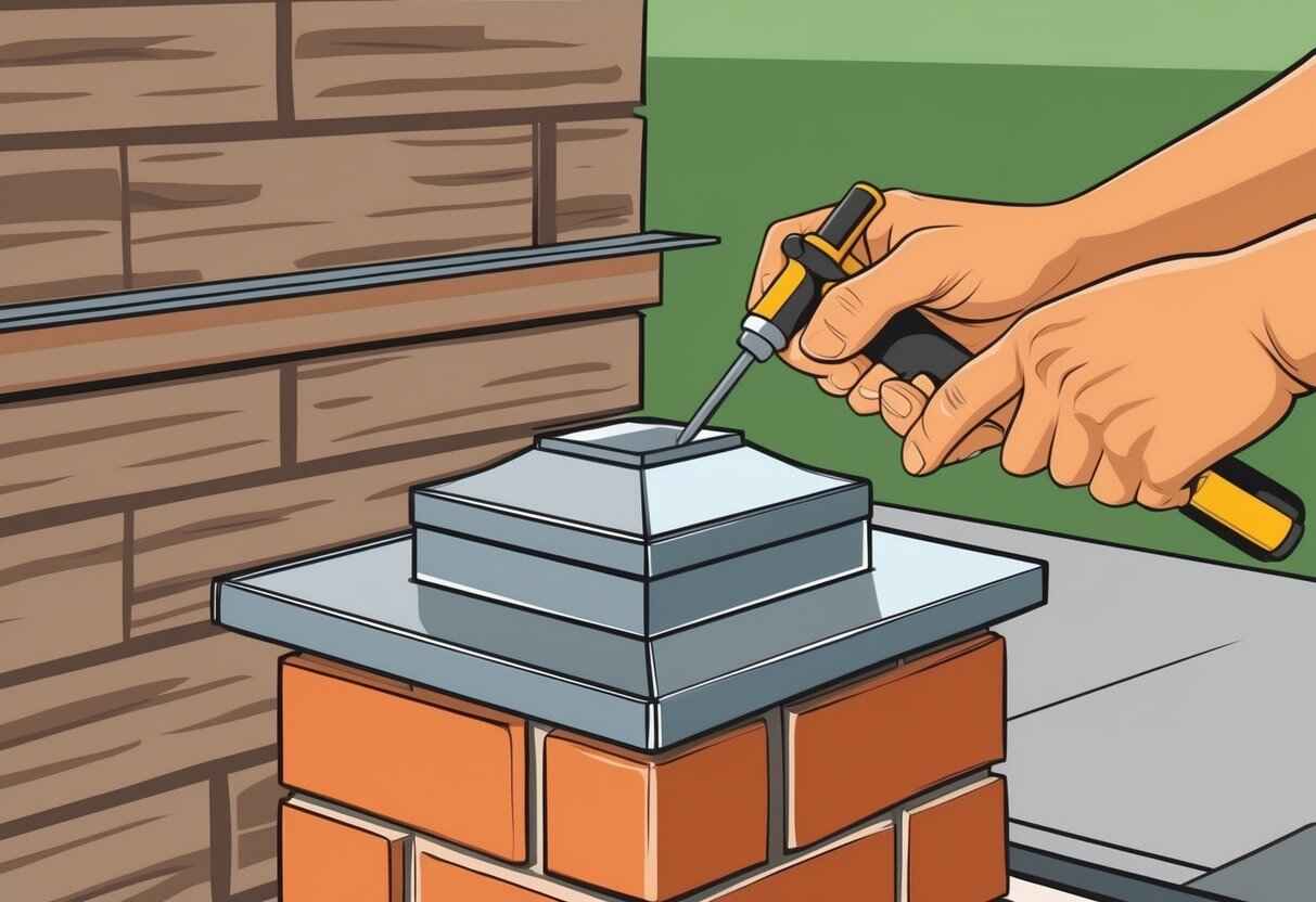 A pair of hands using a screwdriver to attach a chimney cap to the top of a brick chimney