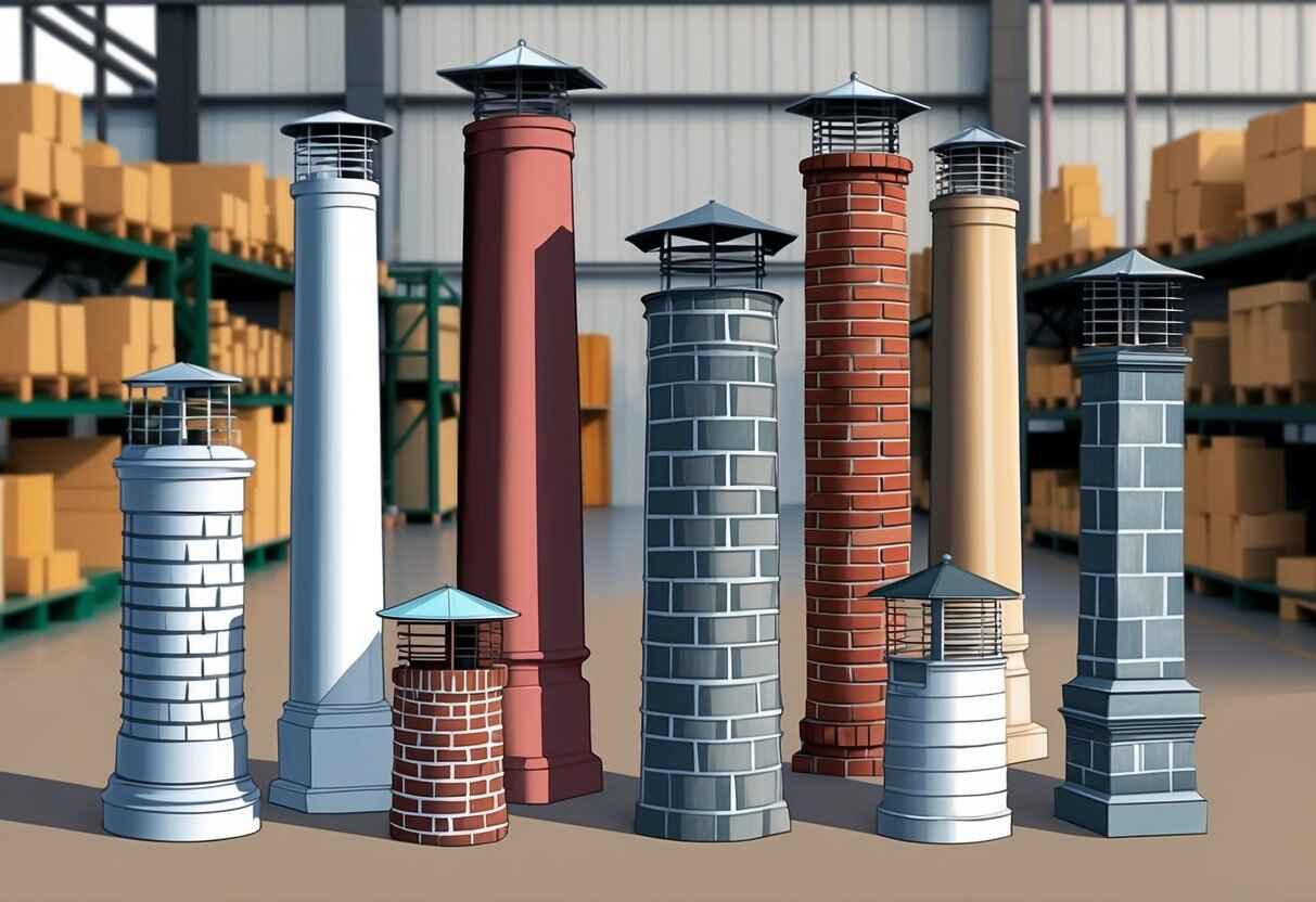 A variety of chimneys with different sizes and designs, along with chimney caps, are displayed in a warehouse setting