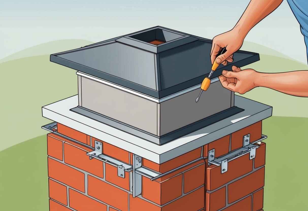 A chimney cap is being attached to the top of a brick chimney by a person using a screwdriver and metal brackets