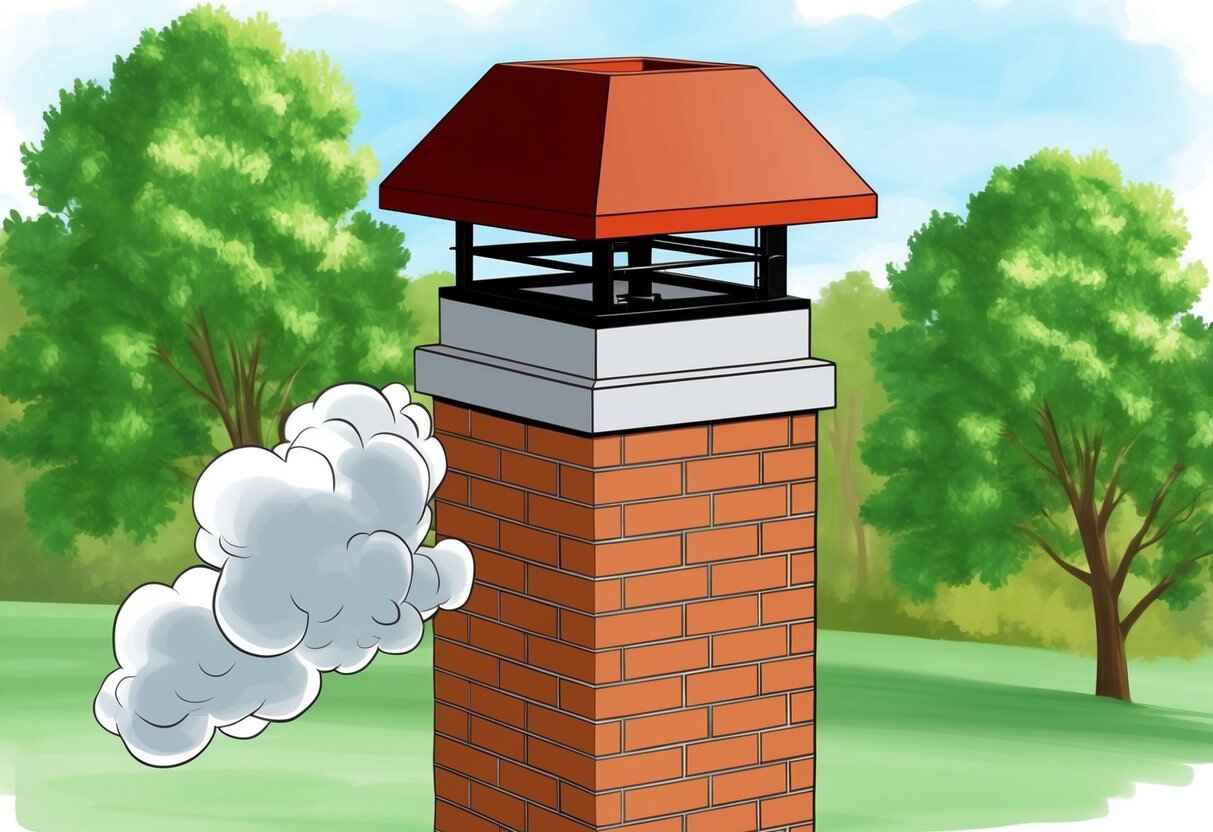 A chimney cap sits atop a brick chimney, standard size. Smoke billows out from the chimney, with trees in the background