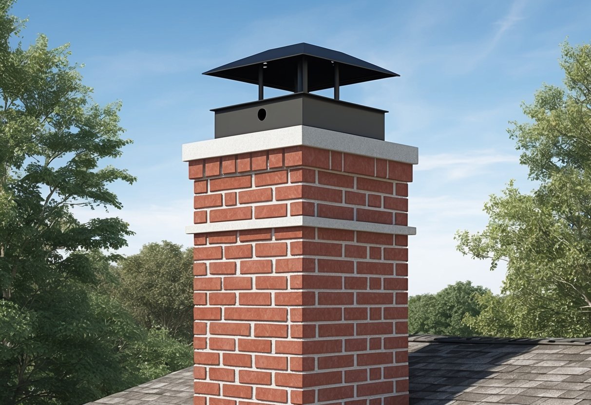 A brick chimney with a wildlife and weather protection chimney cap installed on top, surrounded by trees and under a clear sky