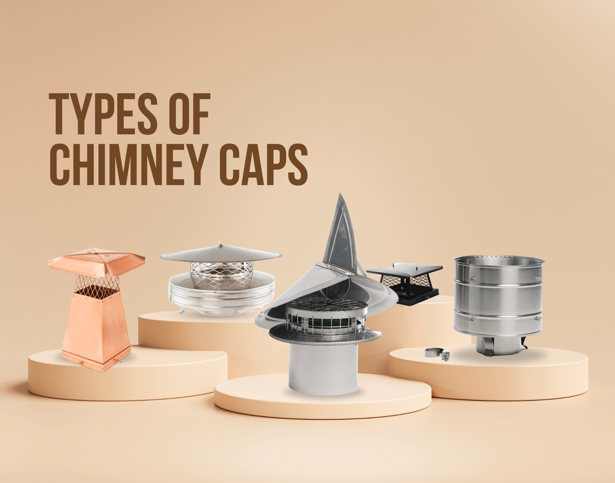 Comparison of chimney cap types: single-flue, custom outside mount, and round flue caps in stainless steel, copper, and black powder-coated finishes