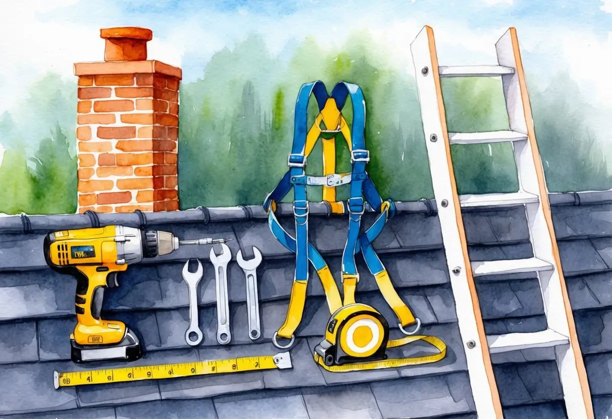 Essential tools for installing a chimney cap, including drill, screwdriver, wrench, safety harness, and ladder on rooftop