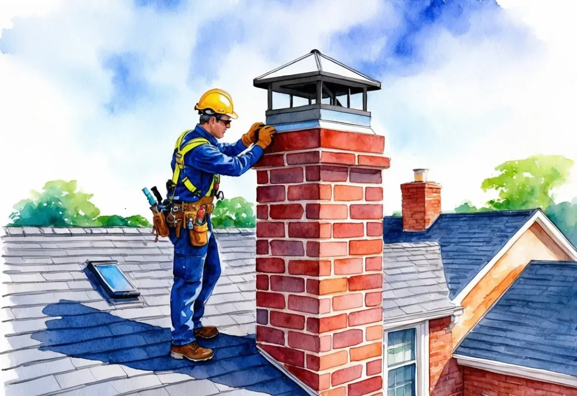 Professional installing a custom chimney cap on a steep roof, wearing safety gear to handle complex installation