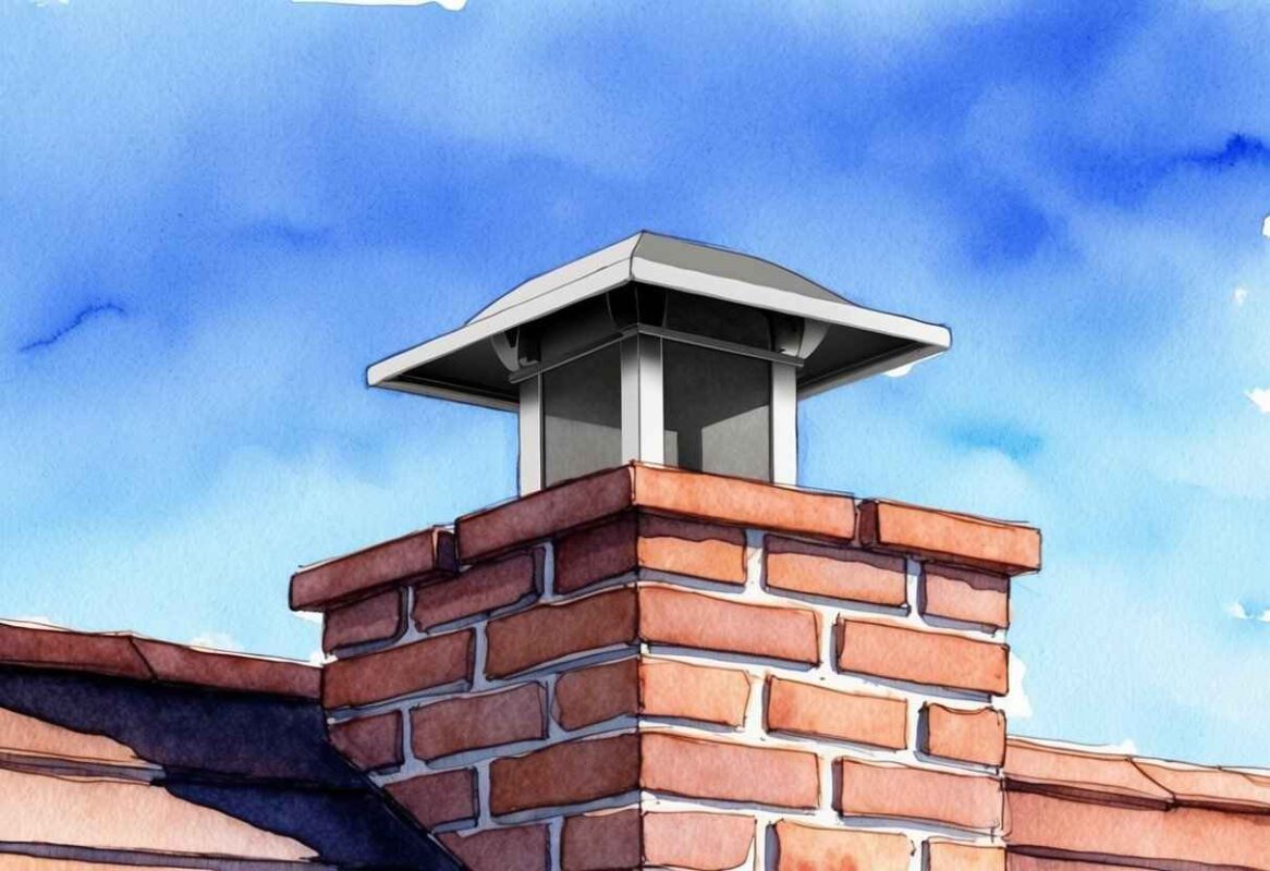 Sleek anti-downdraft chimney cap on a brick chimney with blue sky.