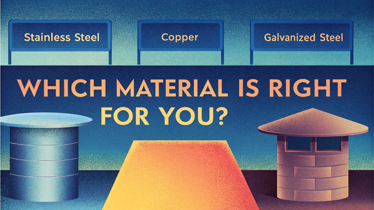 Different types of materials used for chimney caps, including stainless steel and copper.