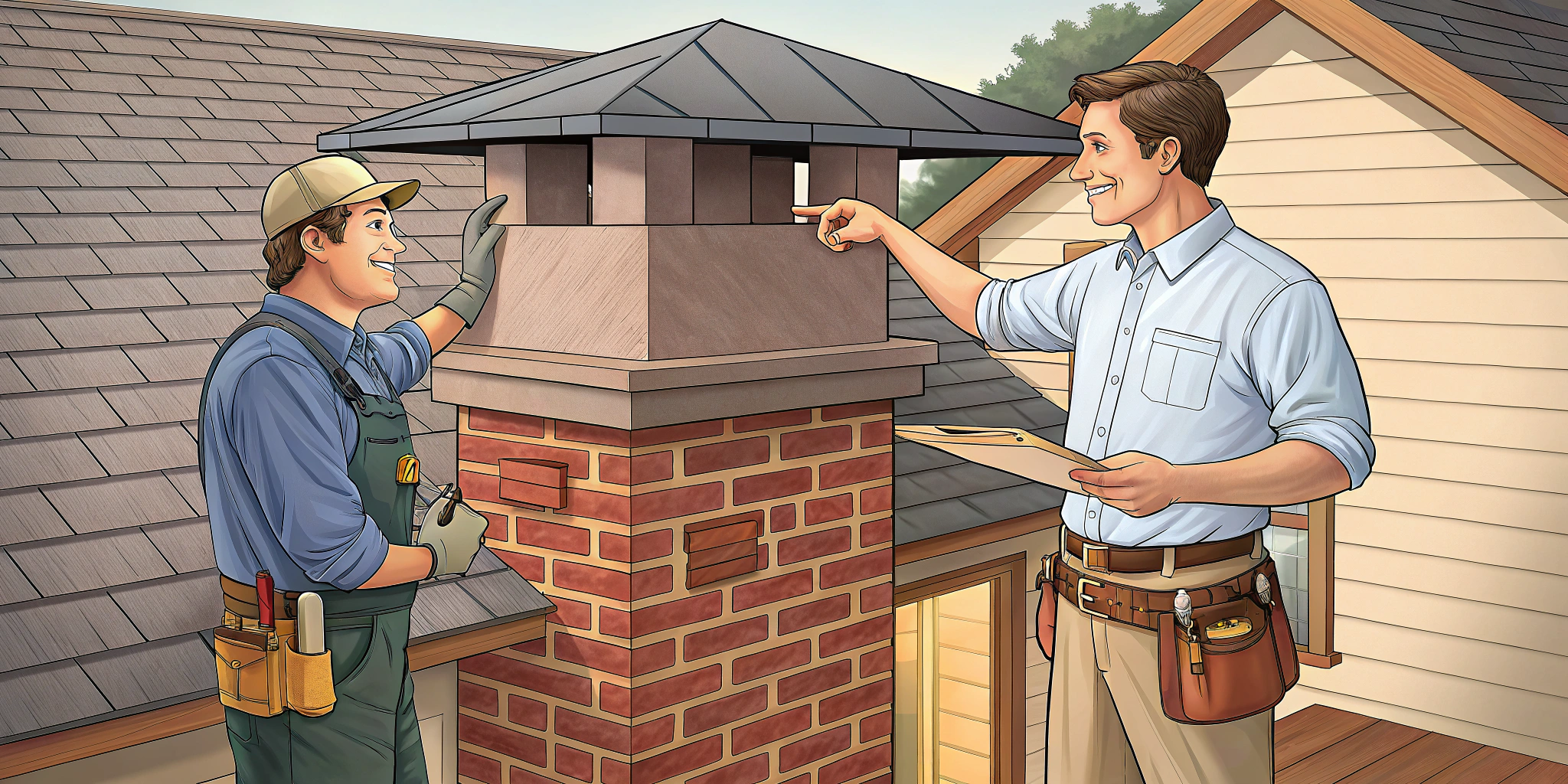 Homeowner and Chimcare Expert Discussing a Perfect Chimney Cap Solution