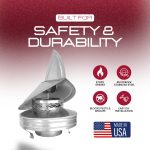 Stainless steel chimney cap with durability icons and USA-made certification.