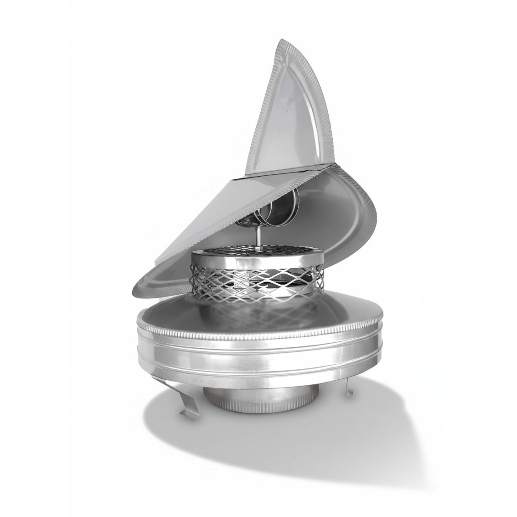Side view of polished stainless steel wind directional chimney cap. Side view of polished stainless steel wind directional chimney cap.