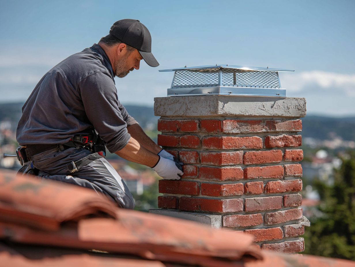 Worker installing a stainless steel chimney cap while Laura watches from below