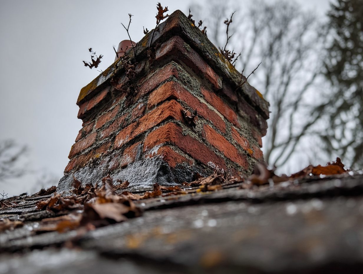 Close-up of a damaged chimney with cracked bricks, water stains, and leaves