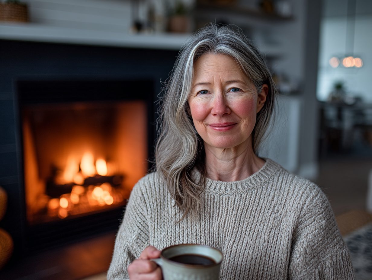Laura sitting comfortably inside her warm home near a fireplace, enjoying the results of chimney protection